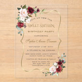 Elegante Gold Burgundy Blume 16 . Geburtstag Acryleinladungen (Vorderseite)
