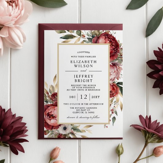 Elegante Gold Burgundy Blush Floral Wedding Einladung