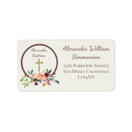 Elegante Gold Burgundy Floral Baby Taufe Rückkehr Adressaufkleber