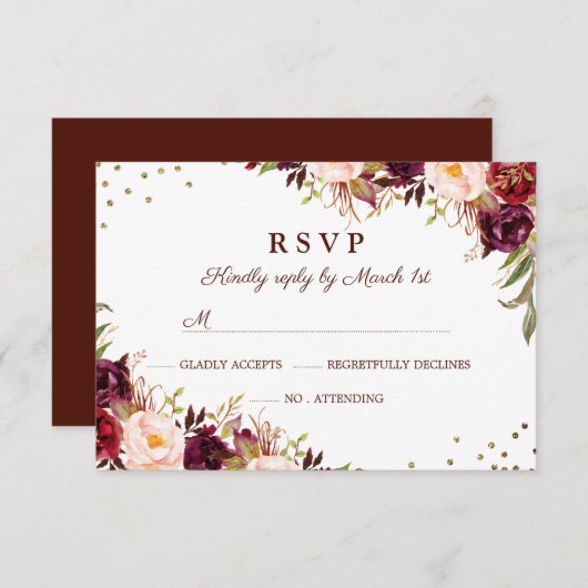 Elegante Gold Burgundy Floral UAWG RSVP Karte (Vorne/Hinten)