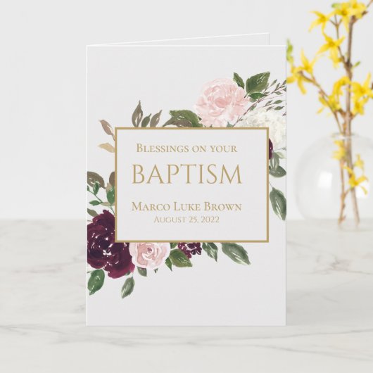 Elegante Gold Burgundy Pink Segen Christening Karte (Gelbe Blume)