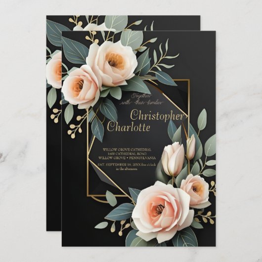 Elegante Gold Burgundy Rot und Schwarze Flora Hoch Einladung (Vorne/Hinten)