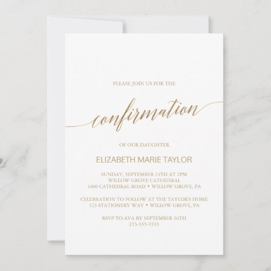 Elegante Gold Calligrafy Confirmation Einladung (Vorderseite)