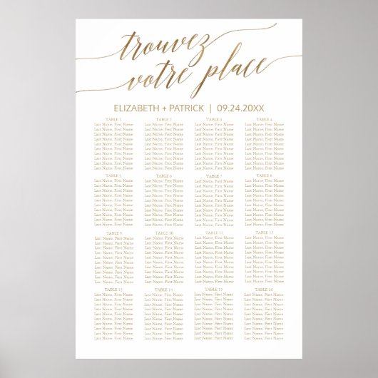 Elegante Gold Calligrafy French Seating Chart Poster (Vorne)