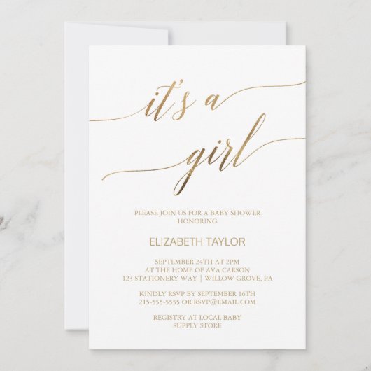 Elegante Gold Calligraphie Es ist eine Girl Baby D Einladung (Vorderseite)