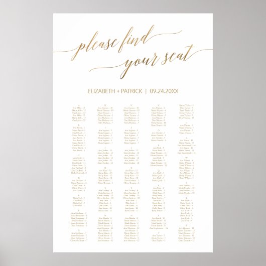 Elegante Gold Calligraphie Große 200+ Seating Char Poster (Vorne)