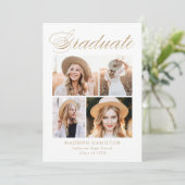 Elegante Gold Calligraphy 4 Foto Graduation Party Einladung (Stehend Vorderseite)