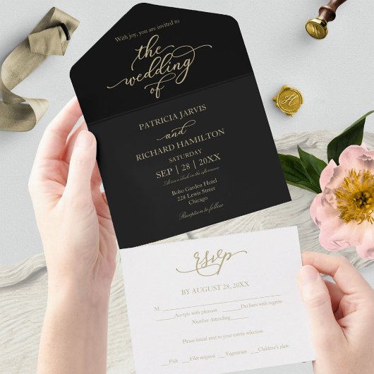 Elegante Gold Calligraphy Black Wedding All In One Einladung
