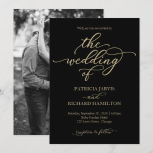 Elegante Gold Calligraphy Black Wedding Einladung