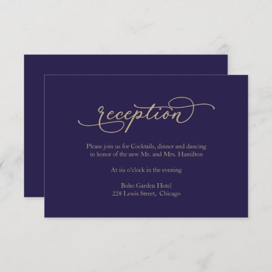 Elegante Gold Calligraphy Blue Wedding Reception RSVP Karte (Vorne/Hinten)