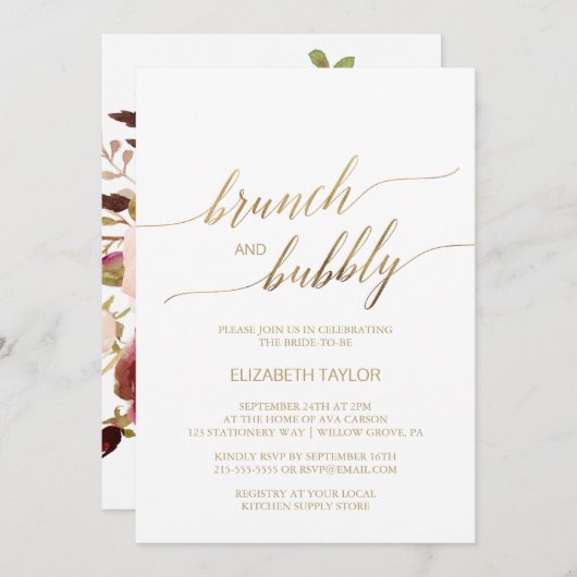 Elegante Gold Calligraphy | Blumenbrunch & Bubbly Einladung (Vorne/Hinten)