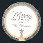 Elegante Gold Calligraphy Christmas Runder Aufkleber<br><div class="desc">Einfach,  elegant,  minimalistisch,  Glitzer silber personalisiert Merry Weihnachtsaufkleber,  mit Goldfolie Kiefernbaum und moderne Kalligraphie Skript.</div>