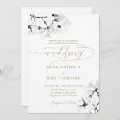 Elegante Gold Calligraphy Classic Magnolia Wedding Einladung (Vorne/Hinten)