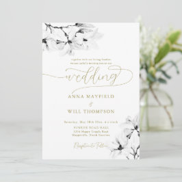 Elegante Gold Calligraphy Classic Magnolia Wedding Einladung