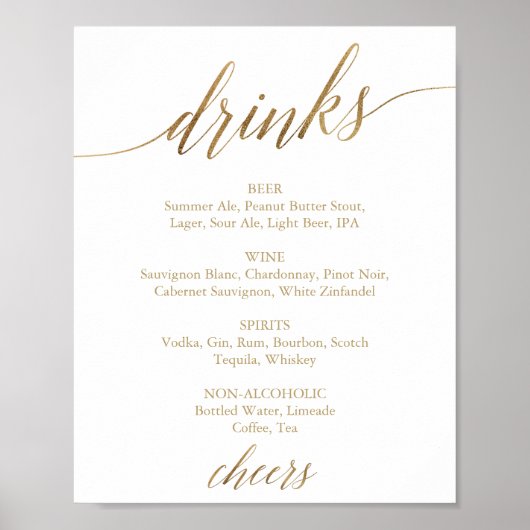 Elegante Gold Calligraphy Drink Menü Signatur Poster (Vorne)
