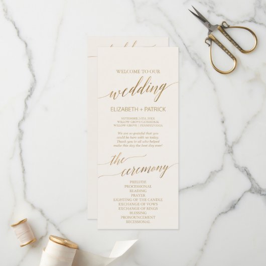 Elegante Gold Calligraphy | Hochzeitsprogramm für Programm (Vorderseite/Rückseite Beispiel)