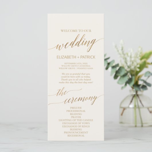Elegante Gold Calligraphy | Hochzeitsprogramm für Programm (Stehend Vorderseite)