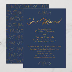 Elegante Gold Calligraphy Just Married on Navy Einladung