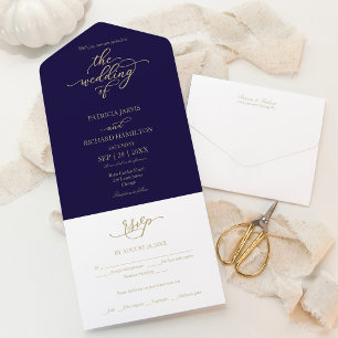 Elegante Gold Calligraphy Navy Blue Wedding All In One Einladung