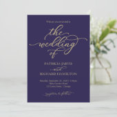 Elegante Gold Calligraphy Navy Blue Wedding Einladung (Stehend Vorderseite)