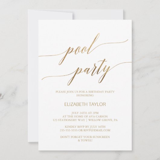 Elegante Gold Calligraphy Pool Party Geburtstag Einladung (Vorderseite)