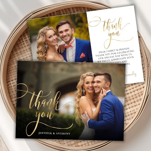 Elegante Gold Calligraphy Script 2 Foto Wedding Dankeskarte