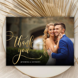 Elegante Gold Calligraphy Script 2 Foto Wedding Dankeskarte