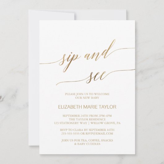 Elegante Gold Calligraphy Sip and See Einladung (Vorderseite)