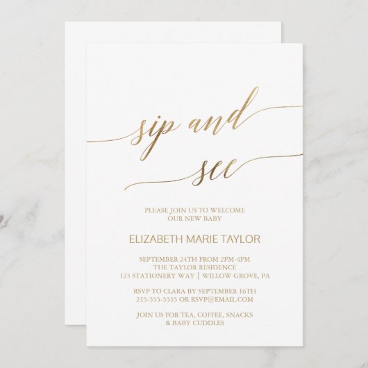 Elegante Gold Calligraphy Sip and See Einladung (Vorne/Hinten)