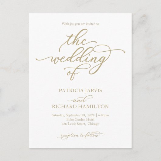 Elegante Gold Calligraphy Wedding Einladung Postkarte (Vorderseite)