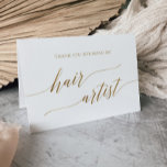 Elegante Gold Calligraphy Wedding Hair Artist Dankeskarte<br><div class="desc">Diese elegante Goldkalligrafie Hochzeitshaar-Künstler danke Ihnen Karte ist perfekt für eine einfache Hochzeit. Das neutrale Design besticht durch eine minimalistische Karte,  die mit romantischen und skurrilen Imitaten mit Goldfolien-Typografie dekoriert ist. Bitte beachten Sie: Dieses Design enthält keine echte Goldfolie. Es ist eine hochwertige Grafik,  die wie Goldfolie aussieht.</div>