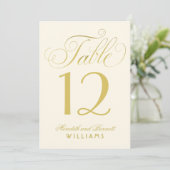 Elegante Gold Calligraphy Wedding Tischnummer (Stehend Vorderseite)