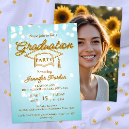Elegante Gold Cap auf Blue Foto Graduation Party Einladung