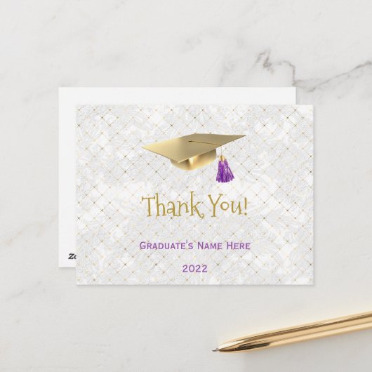 Elegante Gold Cap Lila Danke Abschluss Postkarte (Vorderseite/Rückseite Beispiel)