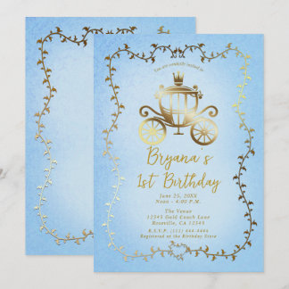 Elegante Gold Carriage Blue Storybook 1. Geburtsta Einladung