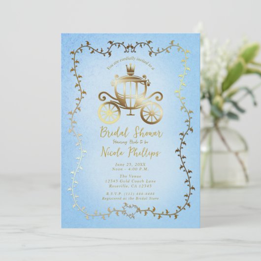 Elegante Gold Carriage Blue Storybook Bridal Einladung (Stehend Vorderseite)