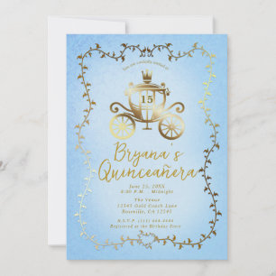 Elegante Gold Carriage Blue Storybook Quinceañera Einladung