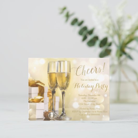Elegante Gold Champagne Einladung (Stehend Vorderseite)