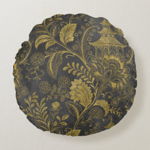 Elegante Gold-Chinoiserie-Blumen-Vintage-Pagode Rundes Kissen