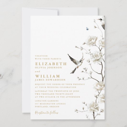 Elegante Gold Chinoiserie Floral QR Code Hochzeit Einladung (Vorderseite)