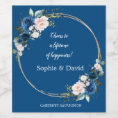 Elegante Gold Class Blue Pink Blume Blühende Hochz Weinetikett (Einzelnes Label)