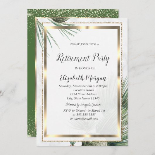 Elegante Gold Confetti Frame Pine Tree Pension Einladung (Vorne/Hinten)
