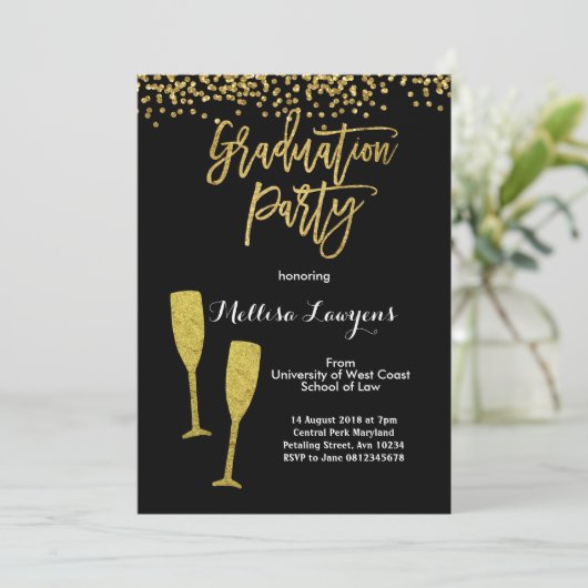 Elegante Gold Confetti Graduation Party Einladung (Stehend Vorderseite)