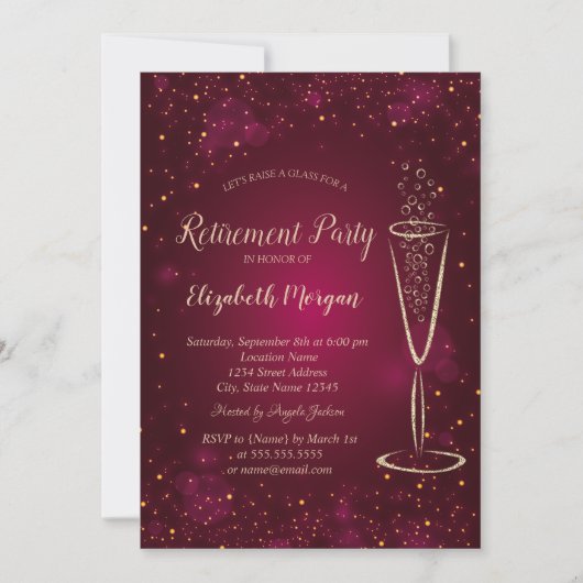 Elegante Gold Confetti Wine Glass Red Rtirement Einladung (Vorderseite)