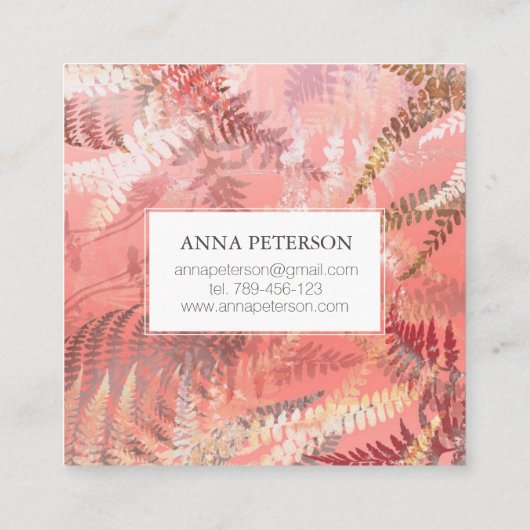 Elegante Gold Coral Pink Fern Blätter Quadratische Visitenkarte (Rückseite)