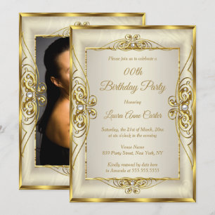 Elegante Gold Cream Pearl Foto Geburtstagsparty Einladung