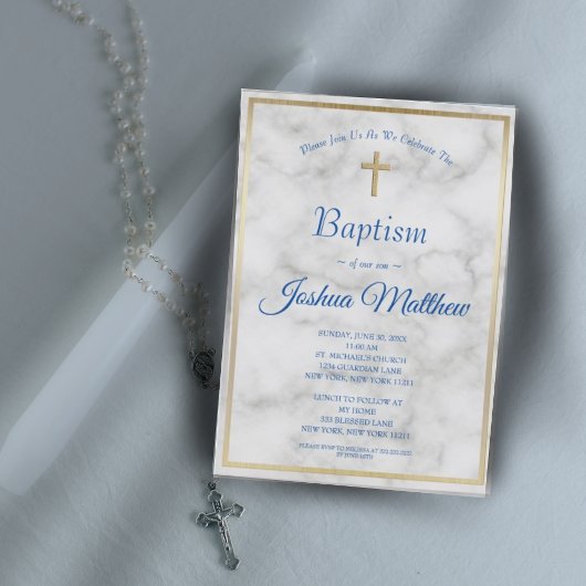 Elegante Gold Cross Boy Blue White Marmor Taufe Einladung
