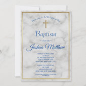 Elegante Gold Cross Boy Blue White Marmor Taufe Einladung (Vorderseite)