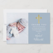 Elegante Gold Cross Foto Signature Script Taufe Dankeskarte (Vorderseite)