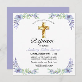 Elegante Gold Cross Lavender Boy Taufe Karte